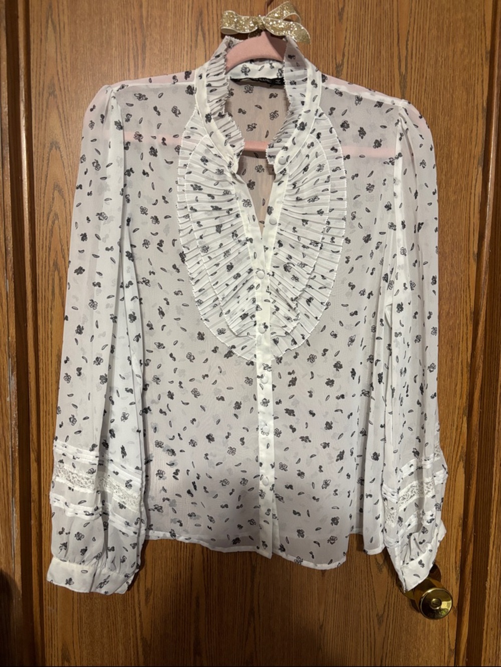 Zara Sheer White Blouse with Black Floral Print and Ruffle Collar